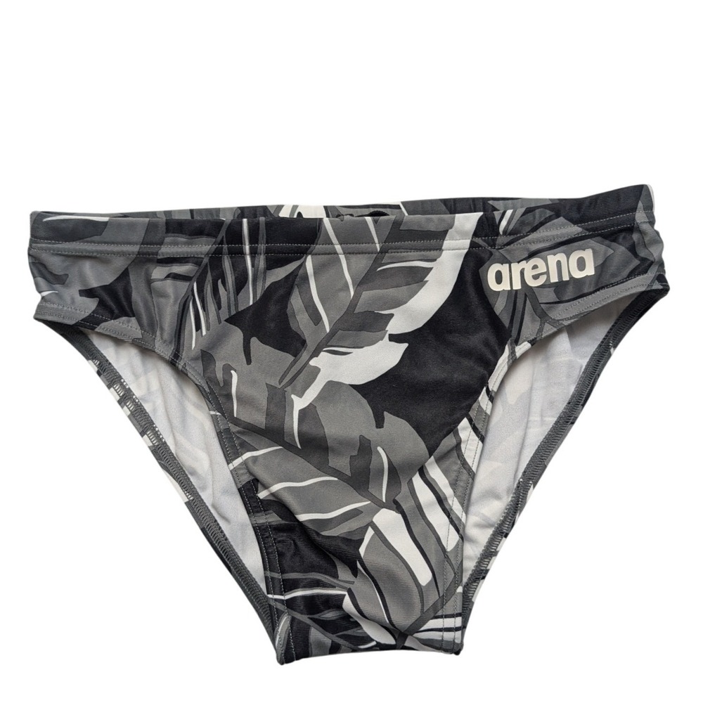 Arena Swim Briefs Mens Black Grey Tropical Palm Leaf Print Athletic Training
